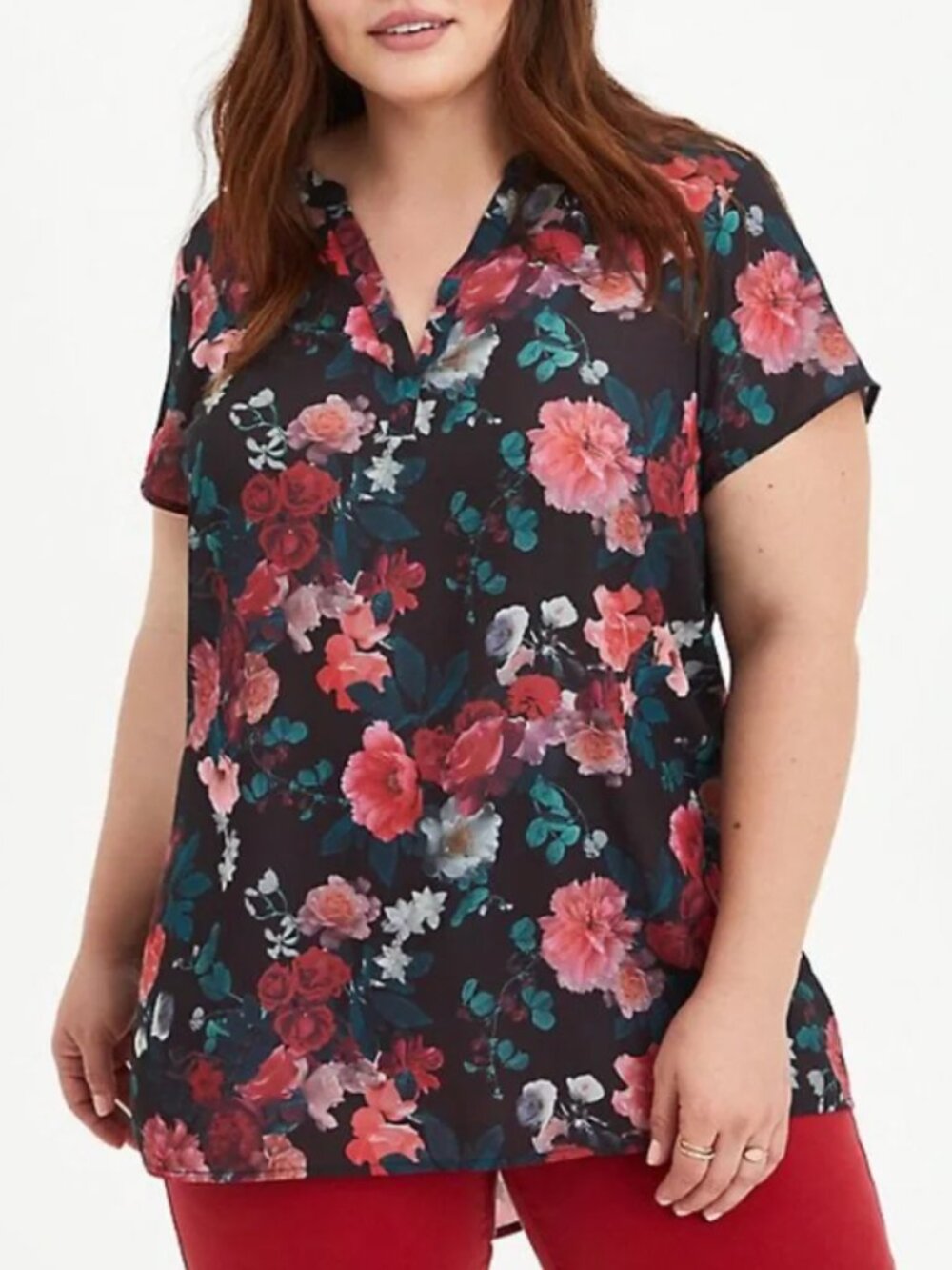 TORRID 2 Plus Size Georgette Hi-Low Tunic Blouse Black Red Floral Rose Grunge 2X